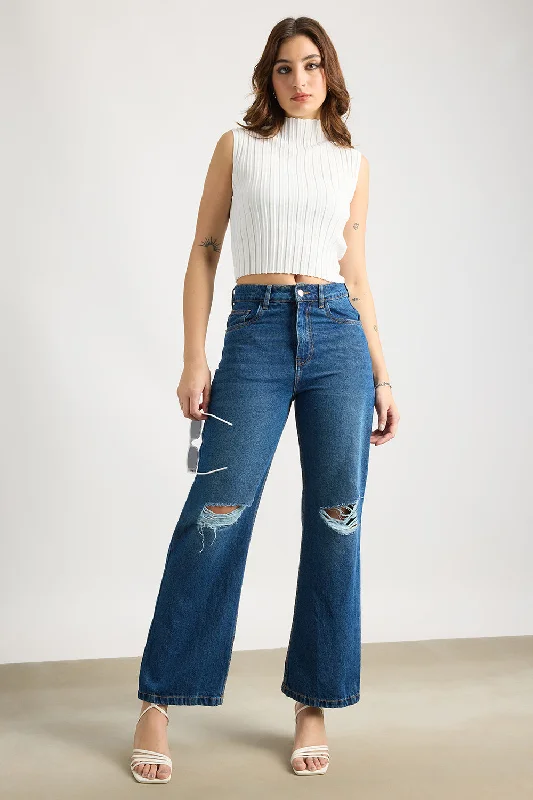 women's denim jeans with rhinestonesWide Fit Navy Ripped Denim