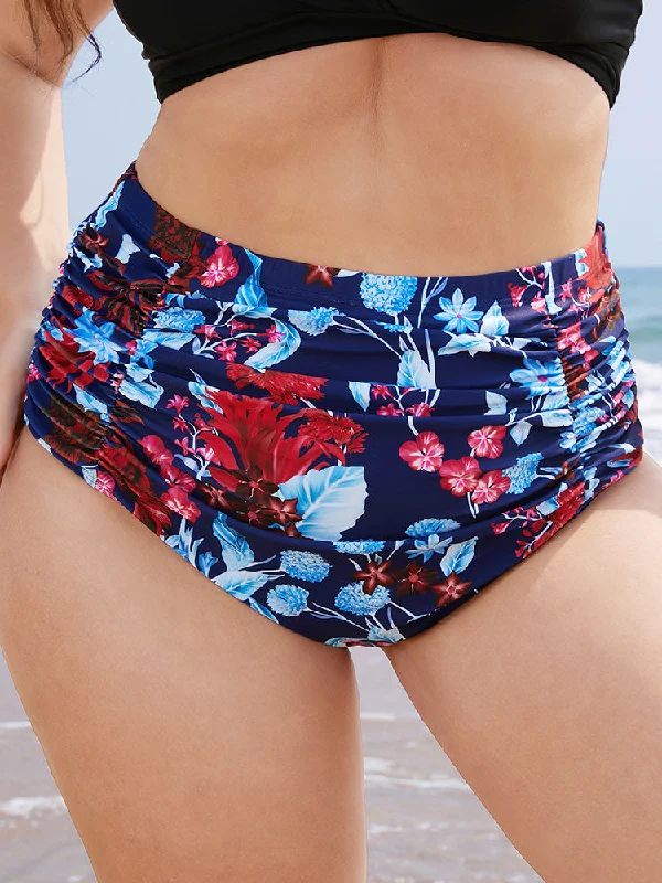 Tropical Print Gathered High Waist Swim Bottom