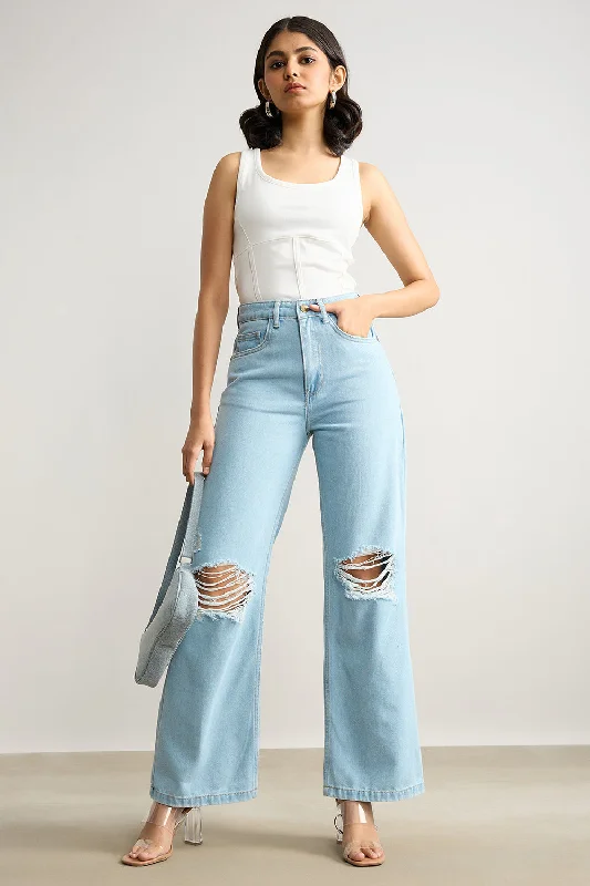 women's denim jeans with geometric patternsHigh Waisted Distressed Light Blue Jeans