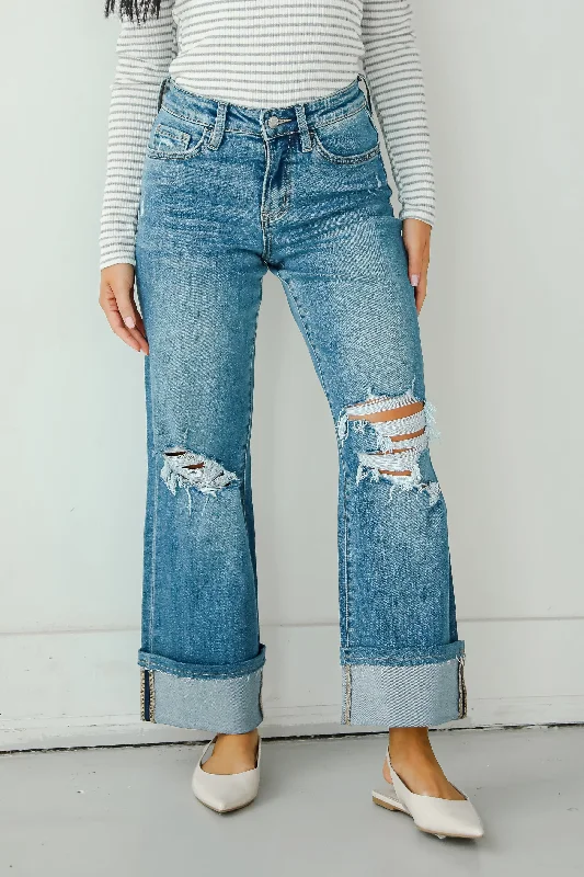 women's denim jeans for apple-shaped bodiesCallie Medium Wash Distressed Cuffed Wide Leg Jeans