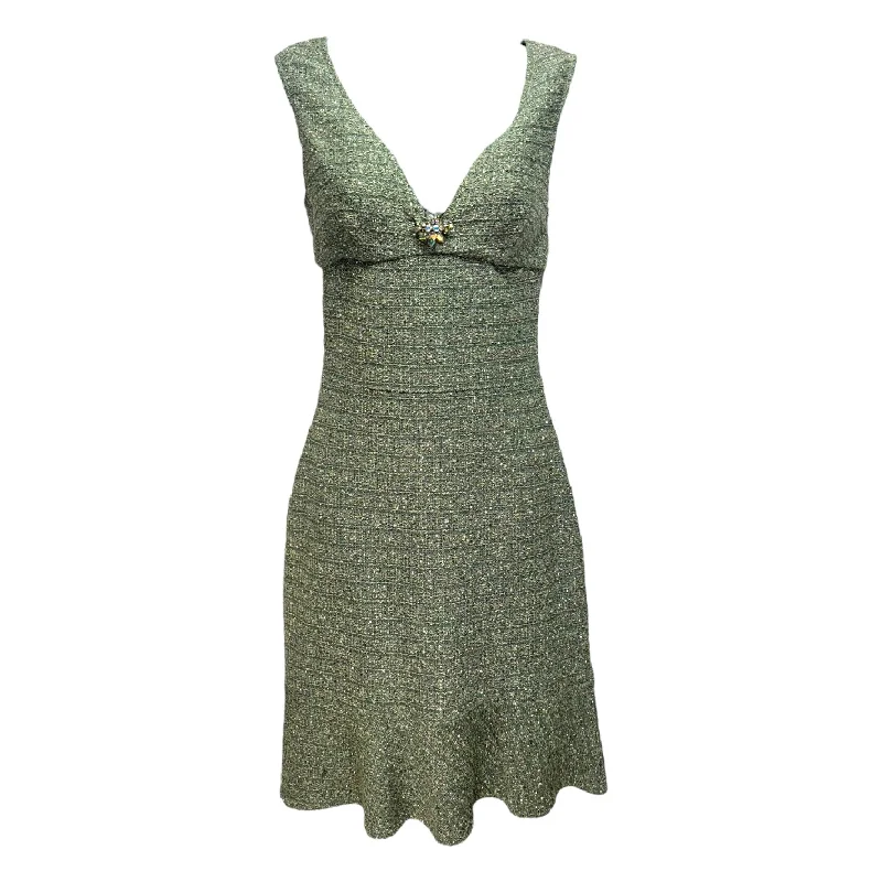 sweetheart-neck party dressesFit & Flare Metallic Tweed Tank Dress Luxury Designer By St. John Evening In Green, Size: 4