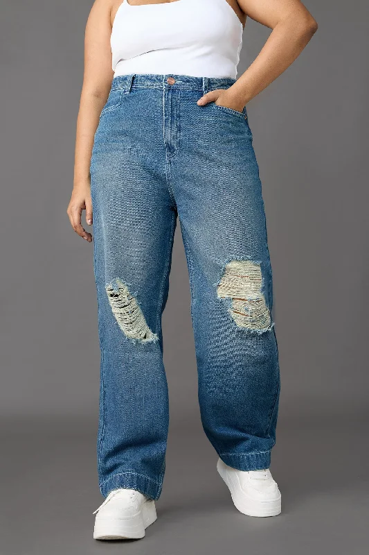 women's denim jeans with zipper-fly closureMidday Muse Blue Distressed Straight Jeans Curve