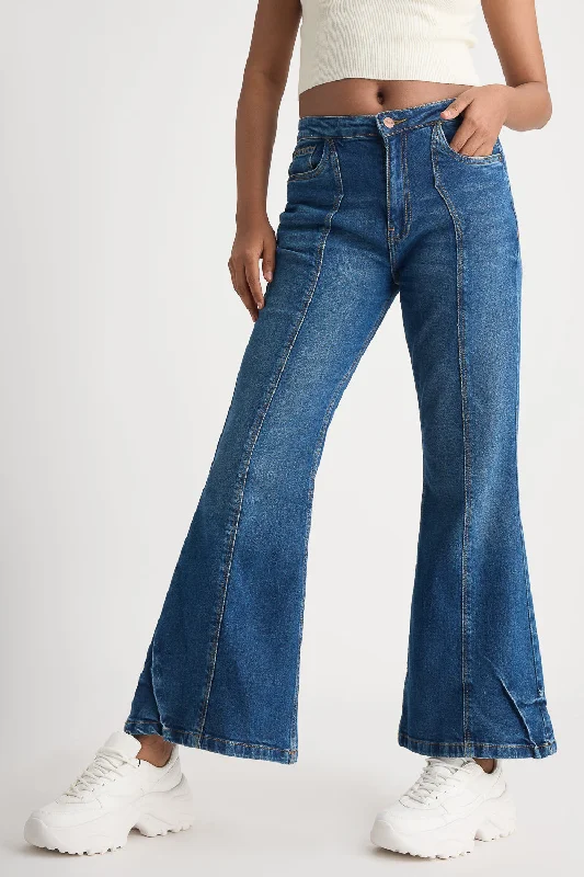 women's denim jeans with embroidery on pocketsWrapped Seam Washed Bootcut Jeans