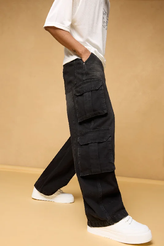 women's denim jeans for a trendy vibeAsphalt Black Men's Baggy Cargo