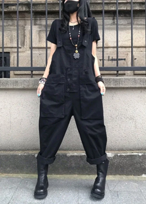 women's jumpsuits with cinched waistsFrench Black Patchwork Button Solid Jumpsuit Summer