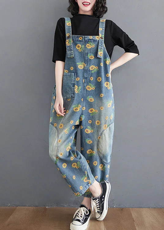 women's jumpsuits for winterCasual Blue Daisy Patchwork Pockets Denim Jumpsuit Summer