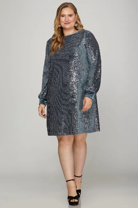 tall women's maxi Mimi dresses for length inclusivityBLUE GREY SEQUIN ROUND NECK VELVET CONTRAST PLUS SIZE MINI DRESS SPSY7835