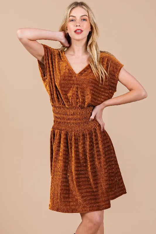 cotton Mimi dresses for summerCAMEL TEXTURED KNIT SMOCKING DETAILED MINI DRESS CFDLU51382SA