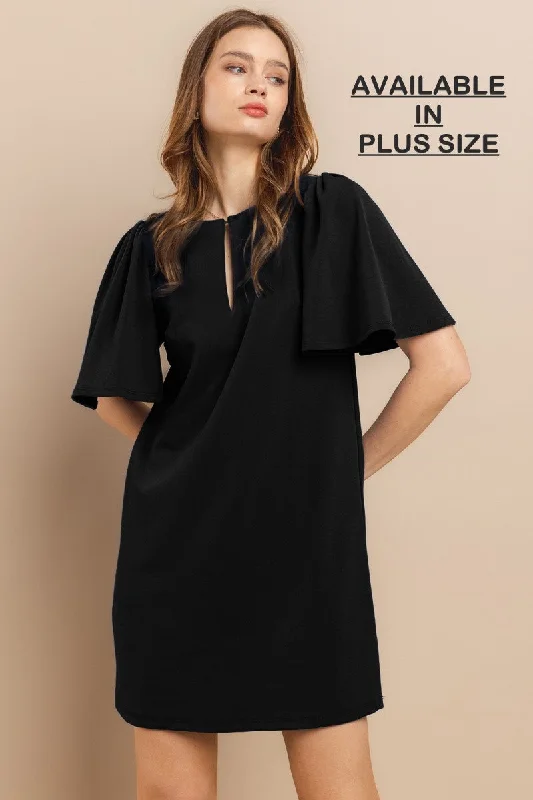 elegant and sophisticated Mimi dresses for a night out on the town.BLACK RUFFLED SHORT SLEEVES FRONT KEYHOLE PLUS SIZE MINI DRESS PDU52260SA