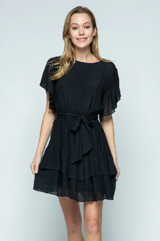 summer Mimi dresses with short sleevesBLACK ROUND NECK RUFFLED SLEEVES AND HEM MINI DRESS MDR8251