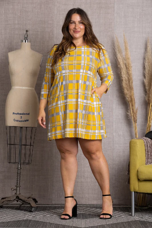 designer Mimi dresses under $100MUSTARD PLAID CHECKERED PRINT PLUS SIZE MINI DRESS-SD21058P