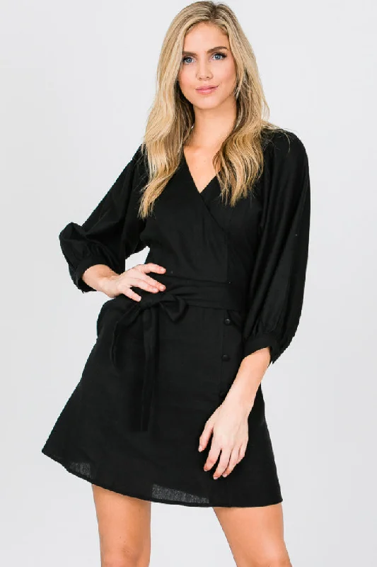 stretch Mimi dresses for comfortBLACK V-NECK 3/4 SLEEVES SELF-TIE WAIST CASUAL MINI DRESS MDR7435