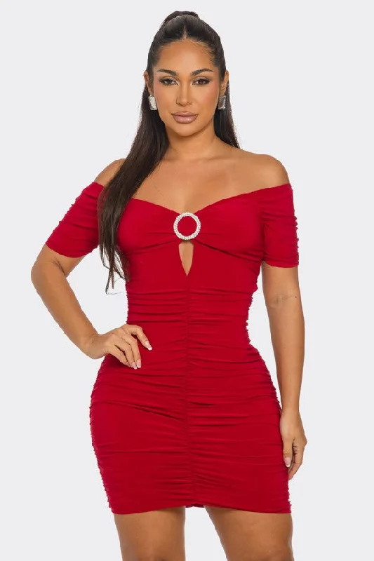 chic and comfortable Mimi dresses for all-day wearRED O-RING CUTOUT HALF SLEEVES OFF-SHOULDER  MINI DRESS SP9659D