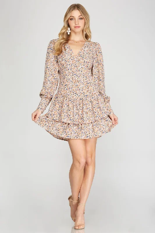 sustainable cotton Mimi dresses for eco-conscious fashionCREAM FLORAL PRINT BUTTON DOWN CUFF LONG SLEEVES MINI DRESS SS8703