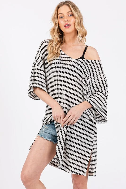 black Mimi dresses for womenBLACK DOT STRIPED V-NECK TUNIC COVER UP MINI DRESS DY5605STA