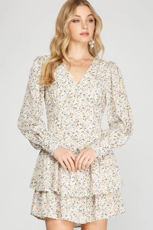 stylish midi Mimi dresses for versatile wearROSE FLORAL PRINT BUTTON DOWN CUFF LONG SLEEVES MINI DRESS SS8703