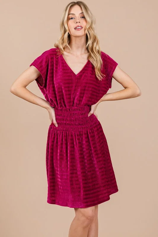 classic Mimi dresses 2023FUCHSIA TEXTURED KNIT SMOCKING DETAILED MINI DRESS CFDLU51382SA