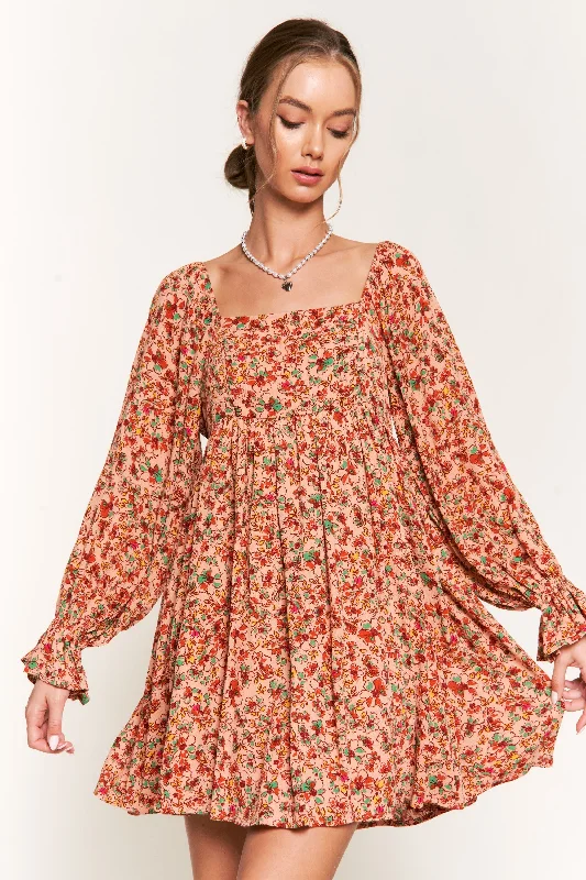 sustainable Mimi dresses made from eco-friendly materialsAPRICOT SQUARE NECK LONG SLEEVES SWING MINI DRESS D9872