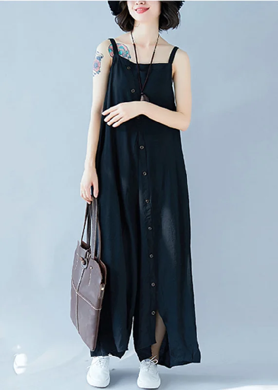 women's jumpsuits with V-necksClassy Black Oversized Button Cotton Wide Leg Jumpsuit Summer