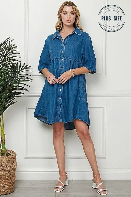 cheap Mimi dresses saleDENIM BLUE SHORT SLEEVES TURN DOWN COLLAR BUTTONED PLUS SIZE MINI DRESS CSP9216P