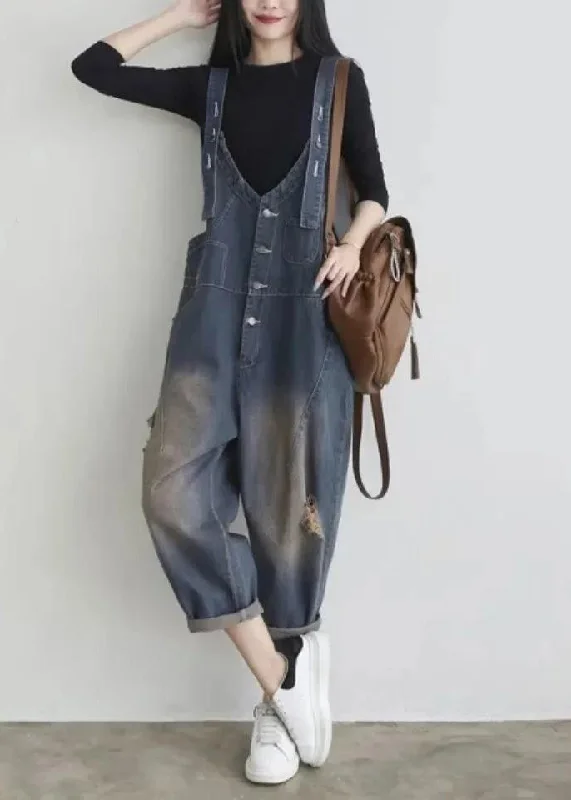 women's jumpsuits for summerElegant Blue V Neck Patchwork Button Jumpsuit Summer