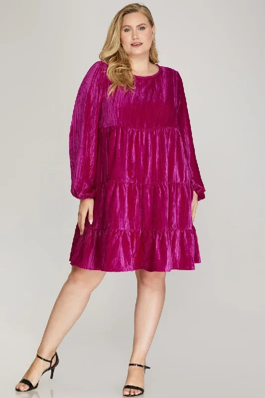 stretch floral Mimi dresses for all-day comfortMAGENTA CRINKLE VELVET TIER LONG SLEEVES PLUS SIZE MINI DRESS S12PSY5402