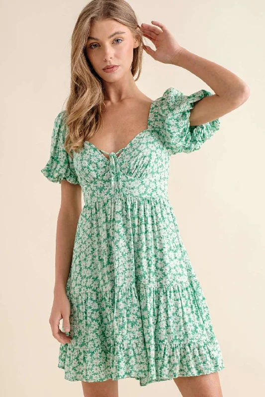 elegant Mimi dresses for weddingsGREEN V-NECK PUFF SHORT SLEEVES RUFFLED MINI DRESS IBD9474