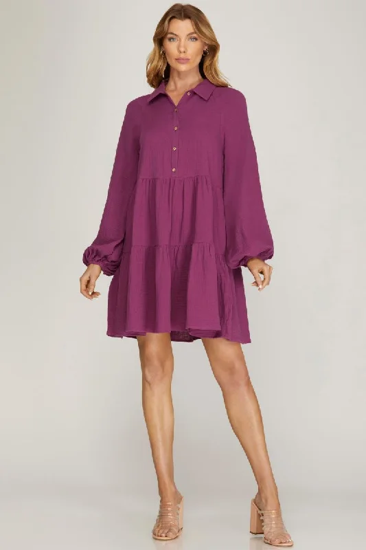 chic and comfortable Mimi dresses for all-day wearPURPLE LONG SLEEVES BUTTON DOWN SHIRT MINI DRESS S12SY4695