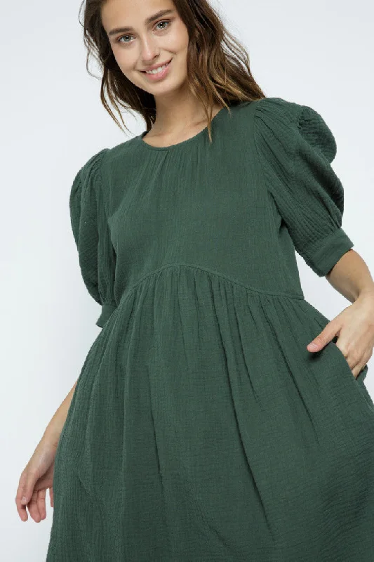 wrap Mimi dresses for an hourglass figureDUSTY GREEN PUFF SHORT SLEEVES FLARE BABYDOLL MINI DRESS MDR8648