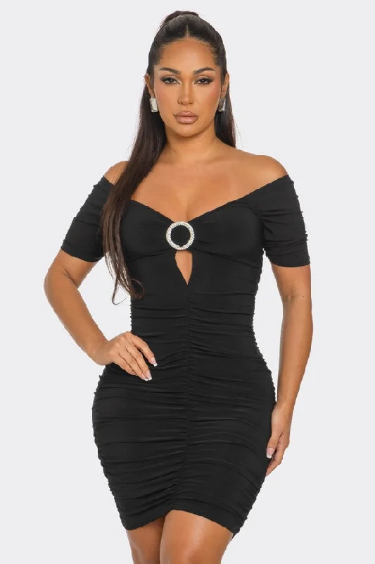 colorful and playful Mimi dresses for a pop of personalityBLACK O-RING CUTOUT HALF SLEEVES OFF-SHOULDER  MINI DRESS SP9659D