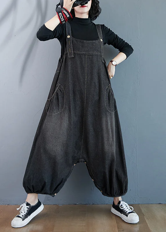 women's jumpsuits for weddingsBlack Wear On Both Sides Denim Jumpsuit Oversized Pockets Summer