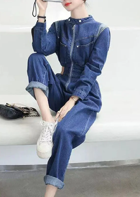 women's jumpsuits with bell sleevesModern Blue Pockets Zip Up Patchwork Denim Jumpsuit Fall