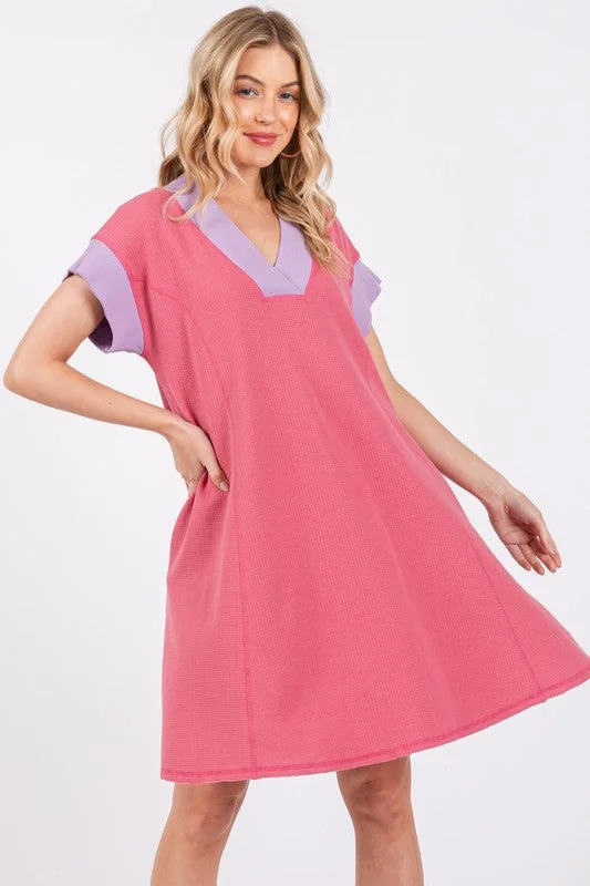 casual cotton Mimi dresses for daily wearDUSTY PINK COLOR BLOCK PLEATED KNIT MINI DRESS CFDLU51660SA