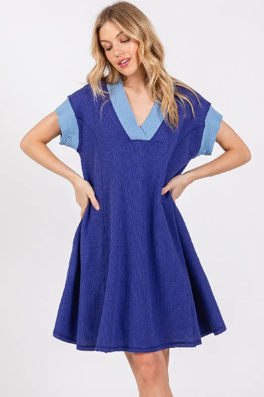 affordable floral Mimi dressesROYAL BLUE COLOR BLOCK PLEATED KNIT MINI DRESS CFDLU51660SA