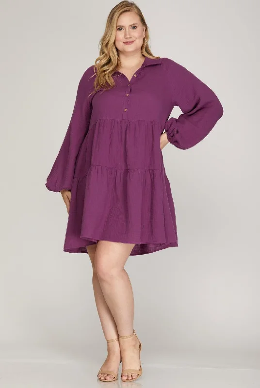 summer lace Mimi dresses for warm weatherPURPLE LONG SLEEVES BUTTON DOWN PLUS SIZE SHIRT MINI DRESS S12PSY4695