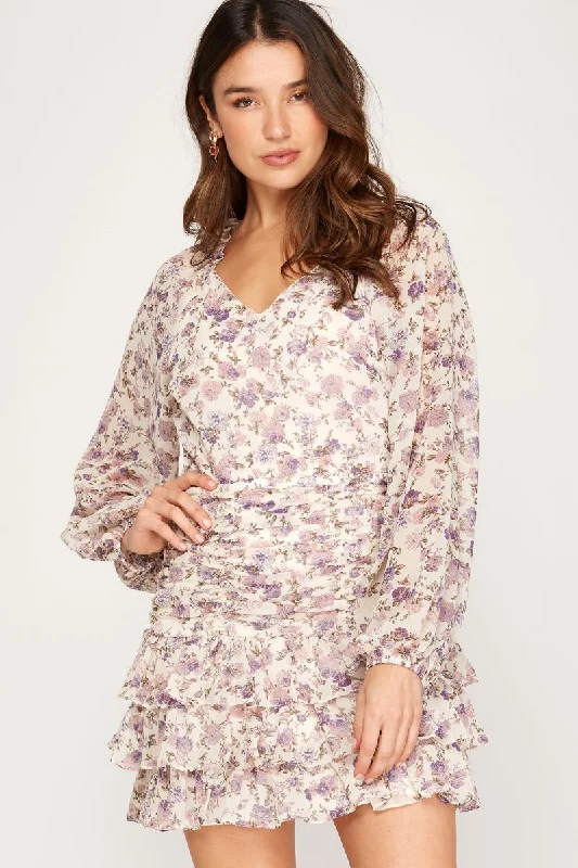 wrap floral Mimi dresses for a flattering silhouetteDUSTY ROSE FLORAL PRINT LONG RAGLAN SLEEVES RUFFLED MINI DRESS SS7690