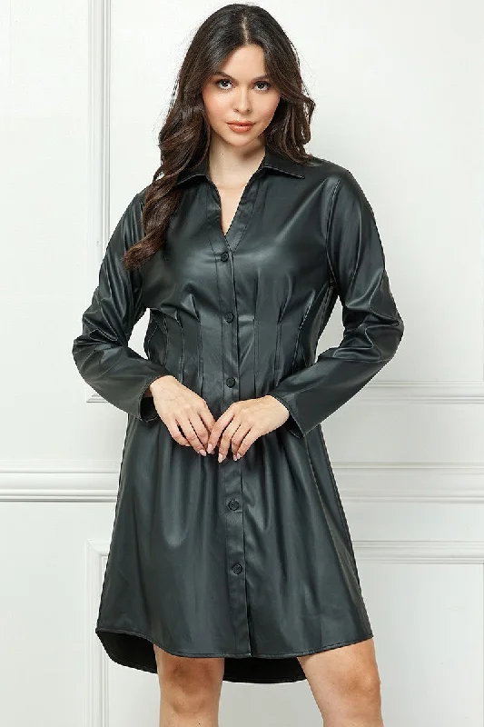 vintage lace Mimi dresses for timeless eleganceBLACK FAUX LEATHER BUTTON DOWN LONG SLEEVES MINI DRESS AVD51909W