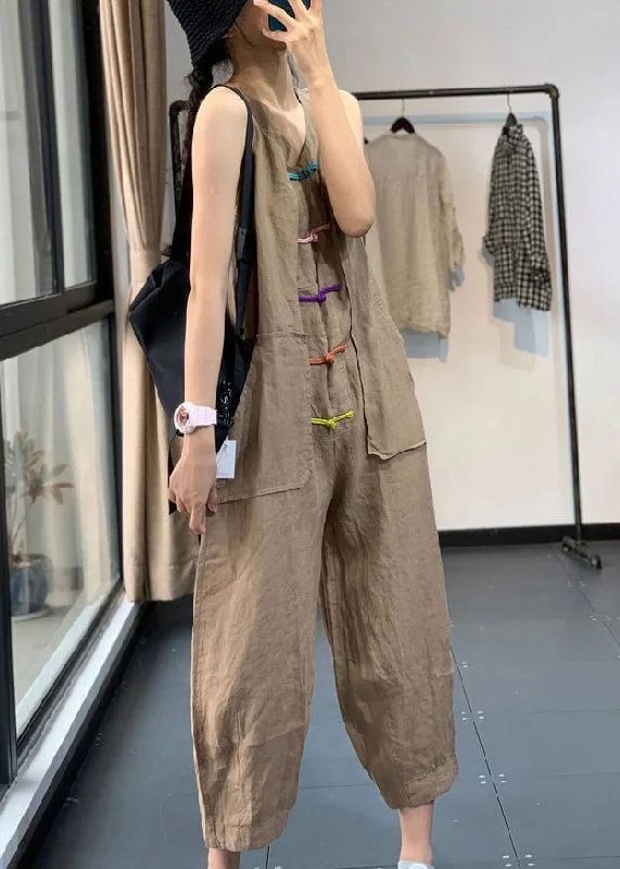 women's jumpsuits with rufflesKhaki Pockets Patchwork Linen Jumpsuits Chinese Button Sleeveless