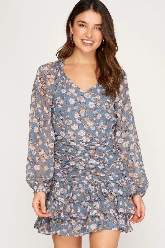 x-small lace Mimi dresses for tiny framesDUSTY BLUE FLORAL PRINT LONG RAGLAN SLEEVES RUFFLED MINI DRESS SS7690