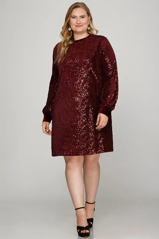 stylish midi Mimi dresses for versatile wearWINE SEQUIN ROUND NECK VELVET CONTRAST PLUS SIZE MINI DRESS SPSY7835