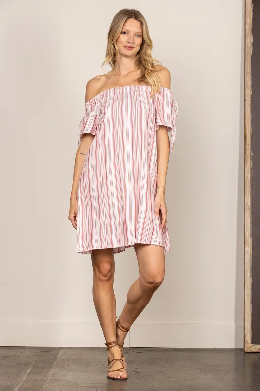 x-small Mimi dresses for petite framesRED STRIPES OFF SHOULDER SELF-TIE SLEEVES MINI DRESS K4954