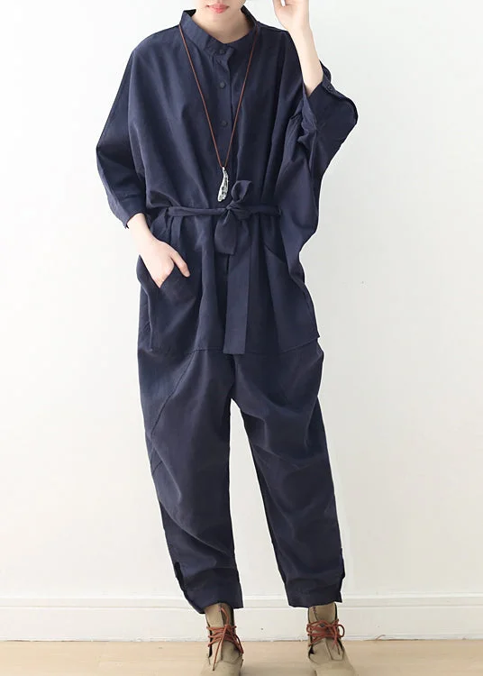 women's jumpsuits with short sleevesModern Navy Oversized Tie Waist Cotton Overalls Jumpsuit Fall