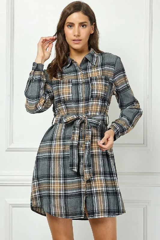 size-inclusive floral Mimi dresses for diverse fitsBLACK PLAID FLANNEL LONG SLEEVES BUTTON FRONT MINI DRESS AVD51580K