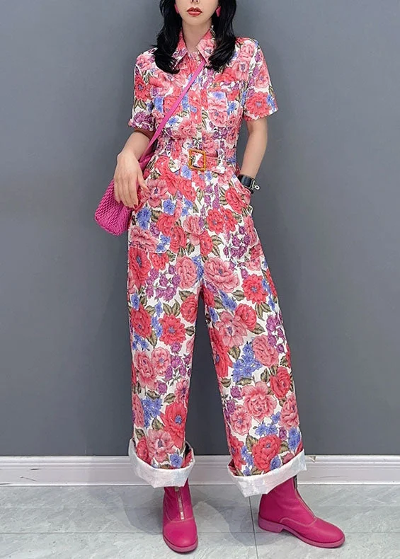 women's jumpsuits for partiesFitted Red Peter Pan Collar Print Sashes Patchwork Cotton Jumpsuit Summer