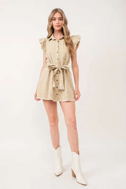 designer Mimi dresses under $100BEIGE COLLARED BUTTON DOWN SELF-TIE BELT MINI DRESS IBD9654-1