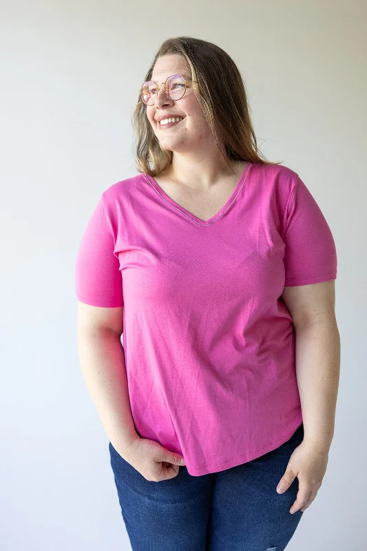 affordable women's T-shirtsBASIC V-NECK TEE WITH SPARKLE IN FRESH FUCHSIA