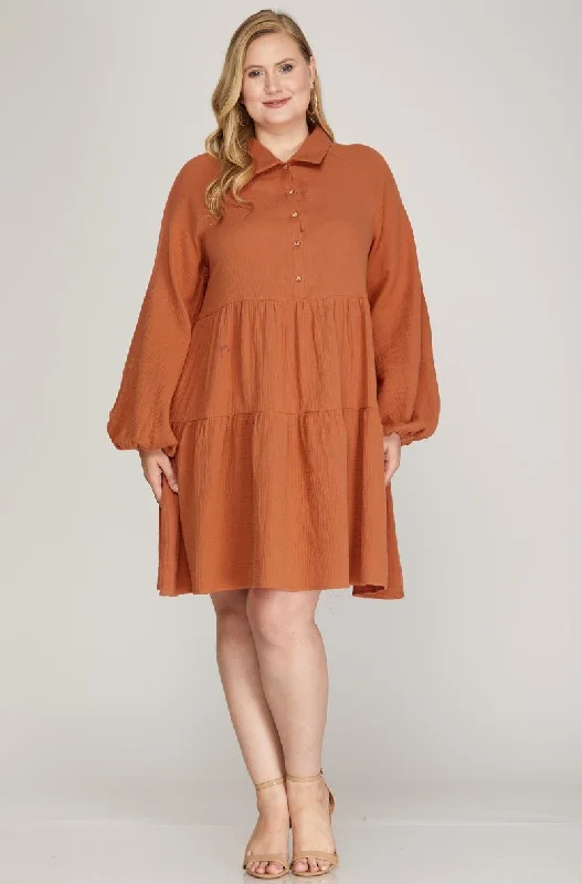 sustainable cotton Mimi dresses for eco-conscious fashionCINNAMON LONG SLEEVES BUTTON DOWN PLUS SIZE SHIRT MINI DRESS S12PSY4695