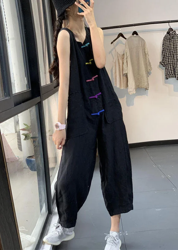 women's jumpsuits with self-ties at the waistCasual Black Chinese Button Pockets Patchwork Linen Jumpsuits Summer