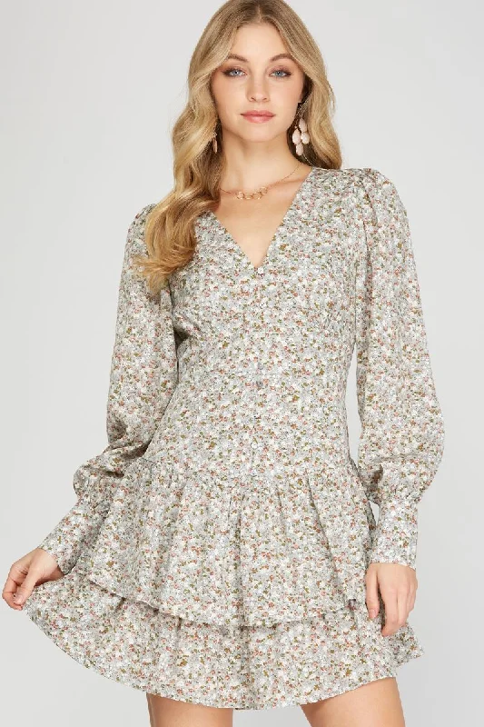 stretch floral Mimi dresses for all-day comfortSEAFOAM FLORAL PRINT BUTTON DOWN CUFF LONG SLEEVES MINI DRESS SS8703