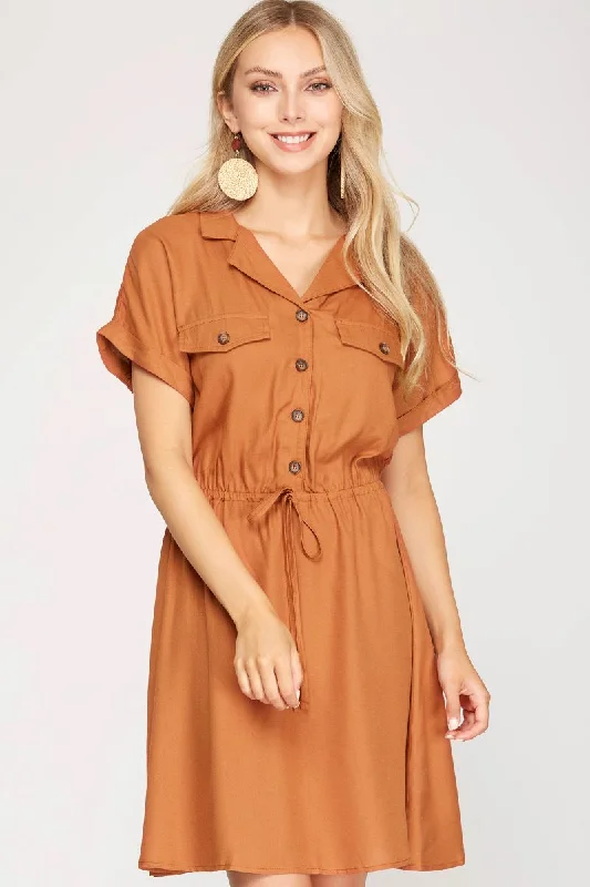 discount Mimi dresses outletCINNAMON BUTTON DOWN ELASTIC WAIST SHORT SLEEVES WOVEN MINI DRESS S8SS7769